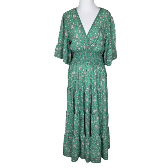 Max Studio Green Floral Maxi Dress Size M vneck wrap front boho cottagecore - Picture 1 of 6